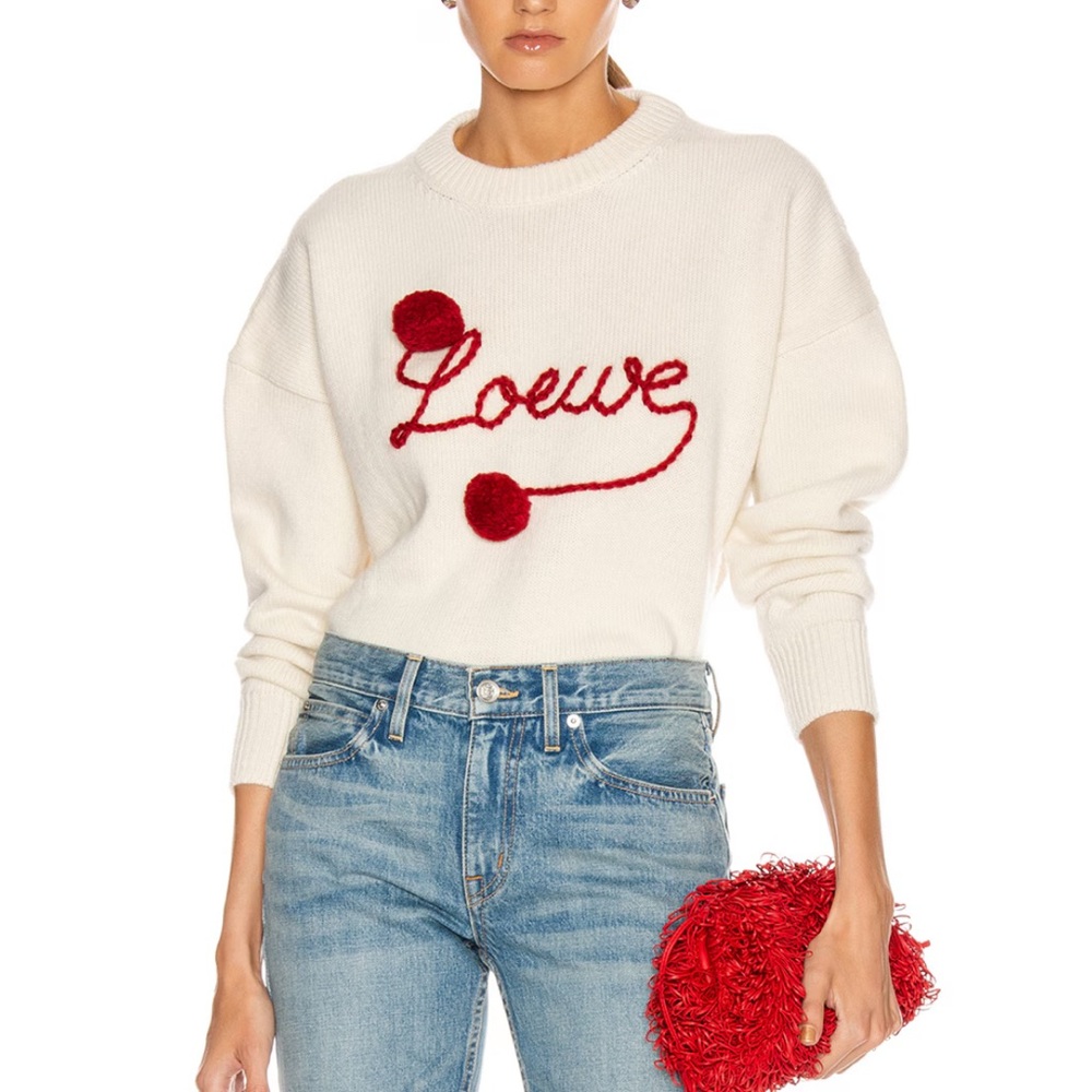 Loewe Cream and Red Crew Neck Pom Pom Sweater